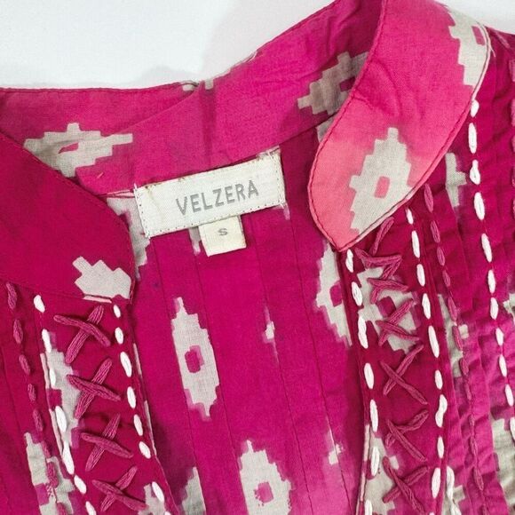 Velzera Tunic Top Womens Small Multicolor Geometric Bell Sleeve Pintuck Boho - Picture 3 of 8